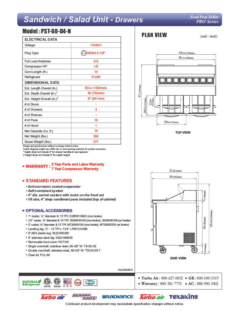 Turbo Air PST-60-D4-N 60 1/4" PRO Series Sandwich/Salad Prep Table w/ Refrigerated Base - Donut-Equipment.com