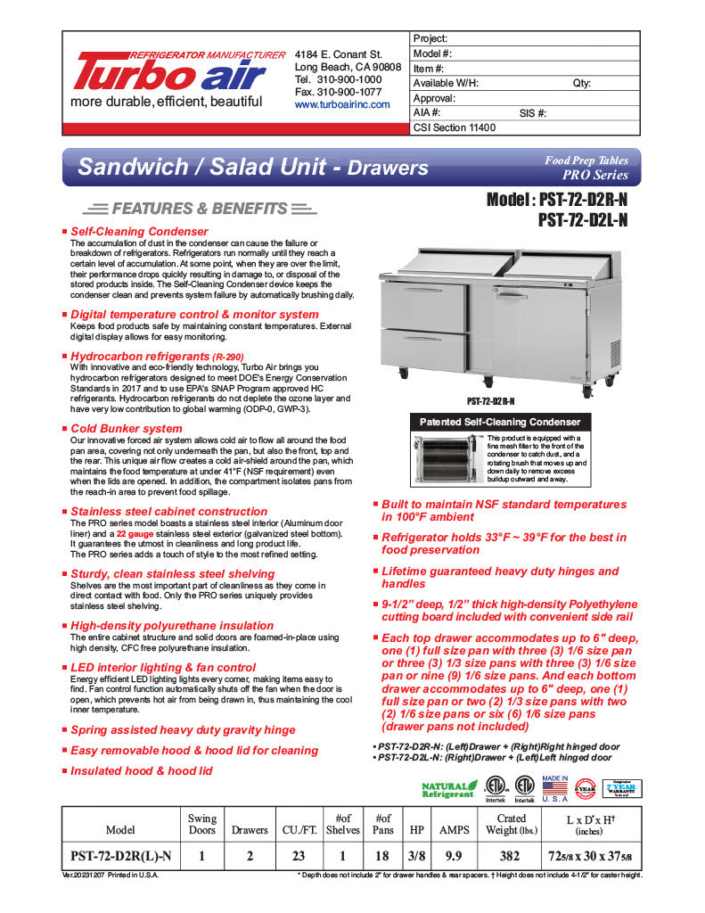 Turbo Air PST-72-D2R(L)-N 72 5/8" PRO Series Sandwich/Salad Prep Table w/ Refrigerated Base - Donut-Equipment.com