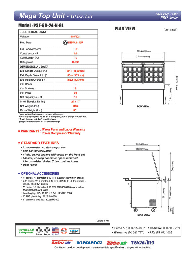 Turbo Air PST-60-24-N-GL 60 1/4" PRO Series Mega Top Sandwich/Salad Prep Table w/ Refrigerated Base - Donut-Equipment.com