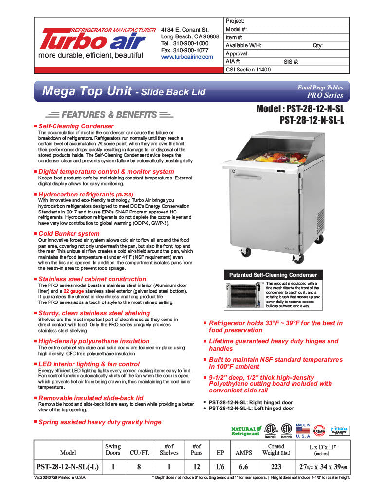 Turbo Air PST-28-12-N-SL 27 1/2" PRO Series Mega Top Sandwich/Salad Prep Table w/ Refrigerated Base - Donut-Equipment.com