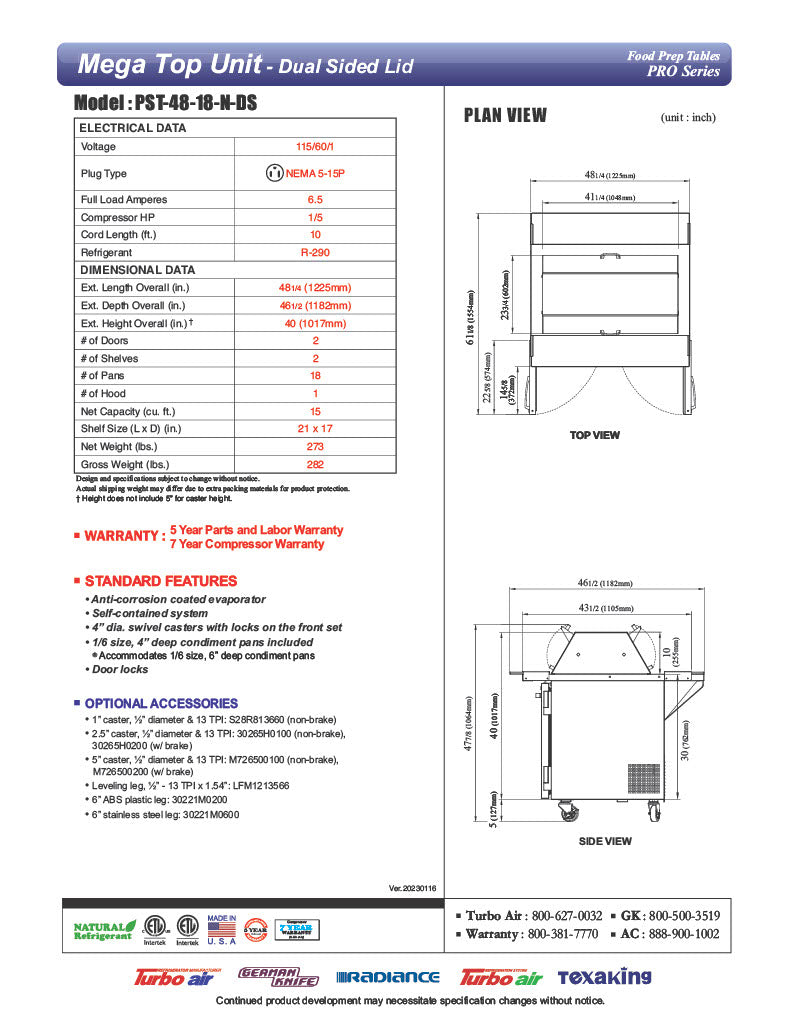 Turbo Air PST-48-18-N-DS 48 1/4" PRO Series Mega Top Dual Sided Sandwich/Salad Prep Table w/ Refrigerated Base - Donut-Equipment.com