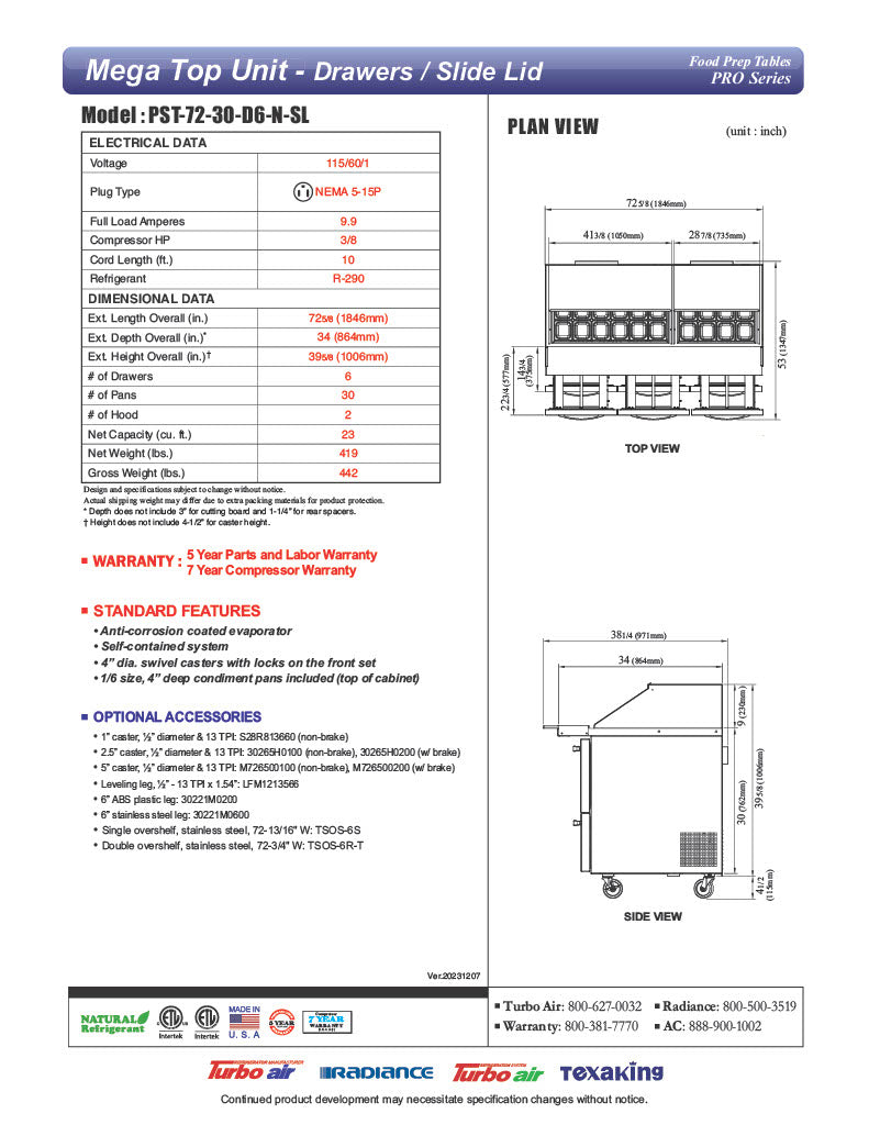 Turbo Air PST-72-30-D6-N-SL 72 5/8" PRO Series Mega Top Sandwich/Salad Prep Table w/ Refrigerated Base - Donut-Equipment.com