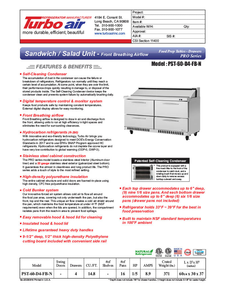 Turbo Air PST-60-D4-FB-N 60 1/4" PRO Series Sandwich/Salad Prep Table w/ Refrigerated Base - Donut-Equipment.com