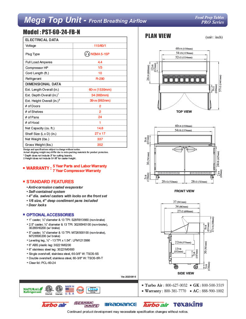 Turbo Air PST-60-24-FB-N 60 1/4" PRO Series Mega Top Sandwich/Salad Prep Table w/ Refrigerated Base - Donut-Equipment.com