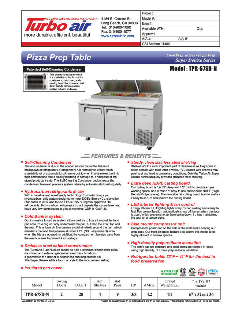 Turbo Air TPR-67SD-N 67" Super Deluxe Refrigerated Pizza Prep Table - Donut-Equipment.com
