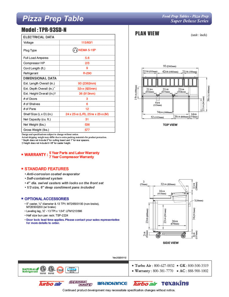 Turbo Air TPR-93SD-N 93" Super Deluxe Refrigerated Pizza Prep Table - Donut-Equipment.com