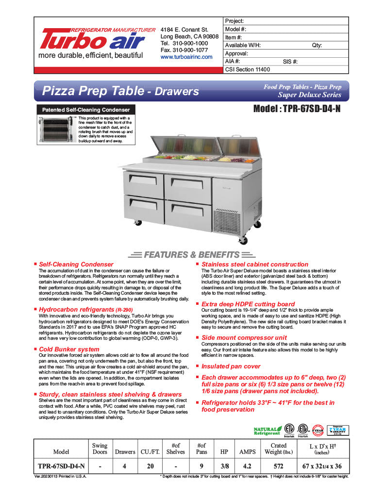 Turbo Air TPR-67SD-D4-N 67" 4 Drawer Pizza Prep Table - Donut-Equipment.com