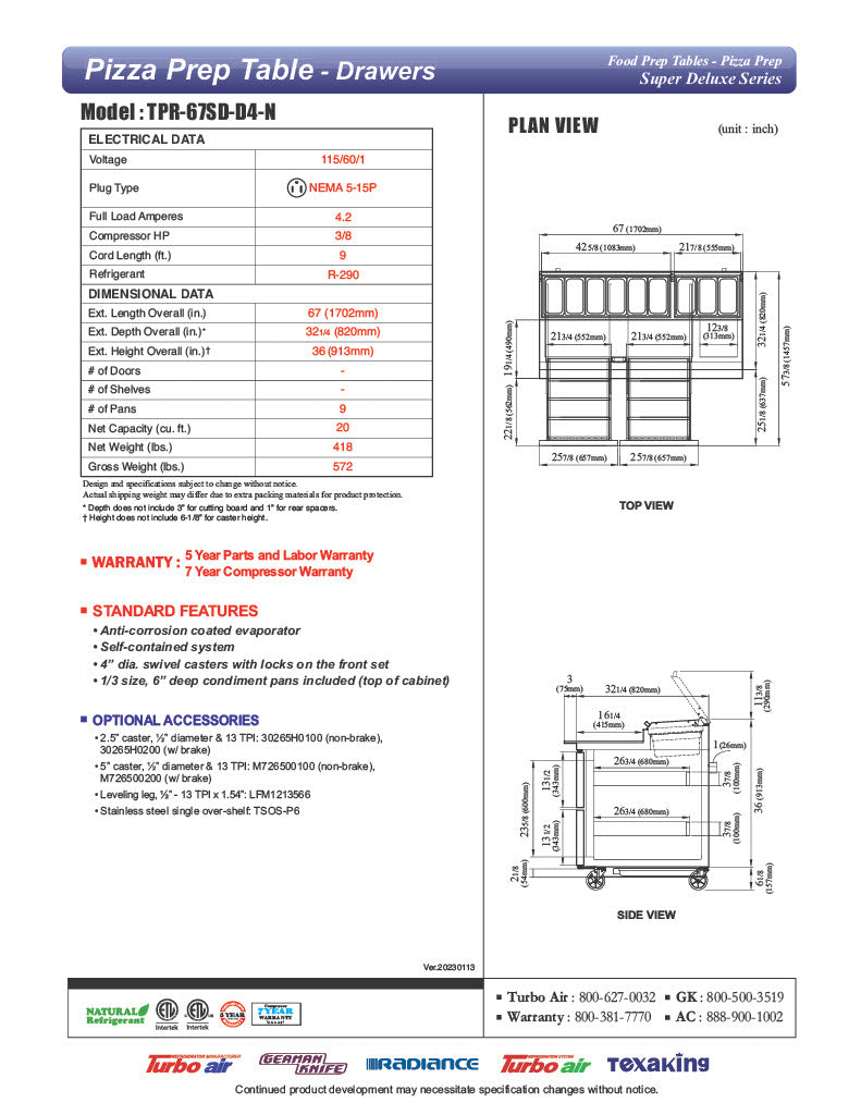 Turbo Air TPR-67SD-D4-N 67" 4 Drawer Pizza Prep Table - Donut-Equipment.com