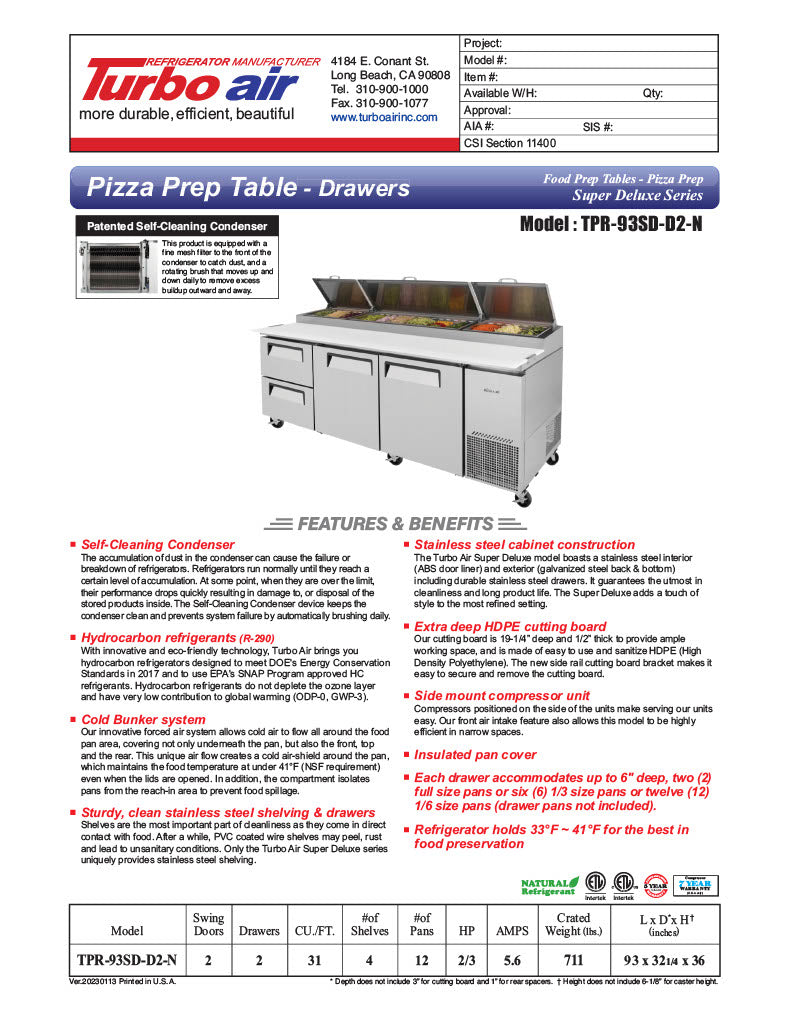 Turbo Air TPR-93SD-D2-N 93" Pizza Prep Table with 2 Doors and 2 Drawers - Donut-Equipment.com