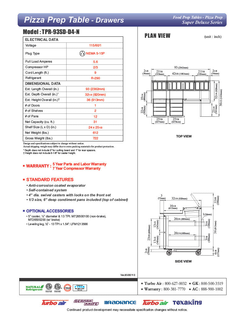 Turbo Air TPR-93SD-D4-N 93" Pizza Prep Table with1 Door and 4 Drawers - Donut-Equipment.com