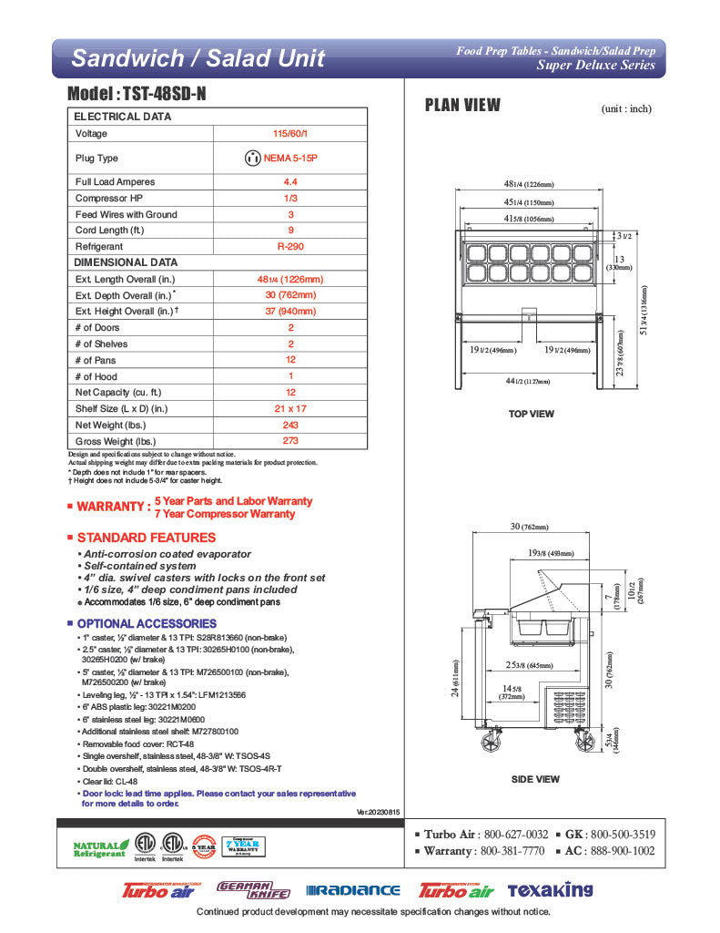 Turbo Air TST-48SD-N 48" Super Deluxe 2 Door Refrigerated Sandwich Prep Table - Donut-Equipment.com