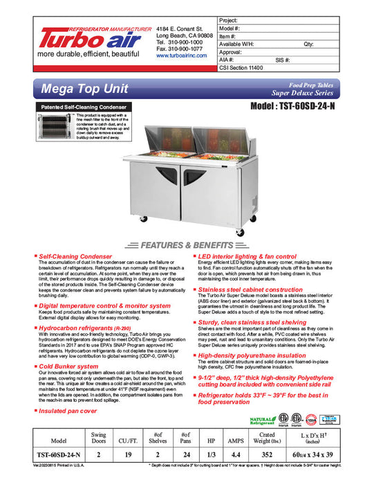 Turbo Air TST-60SD-24-N 60" 2 Door Mega Top Refrigerated Sandwich Prep Table - Donut-Equipment.com