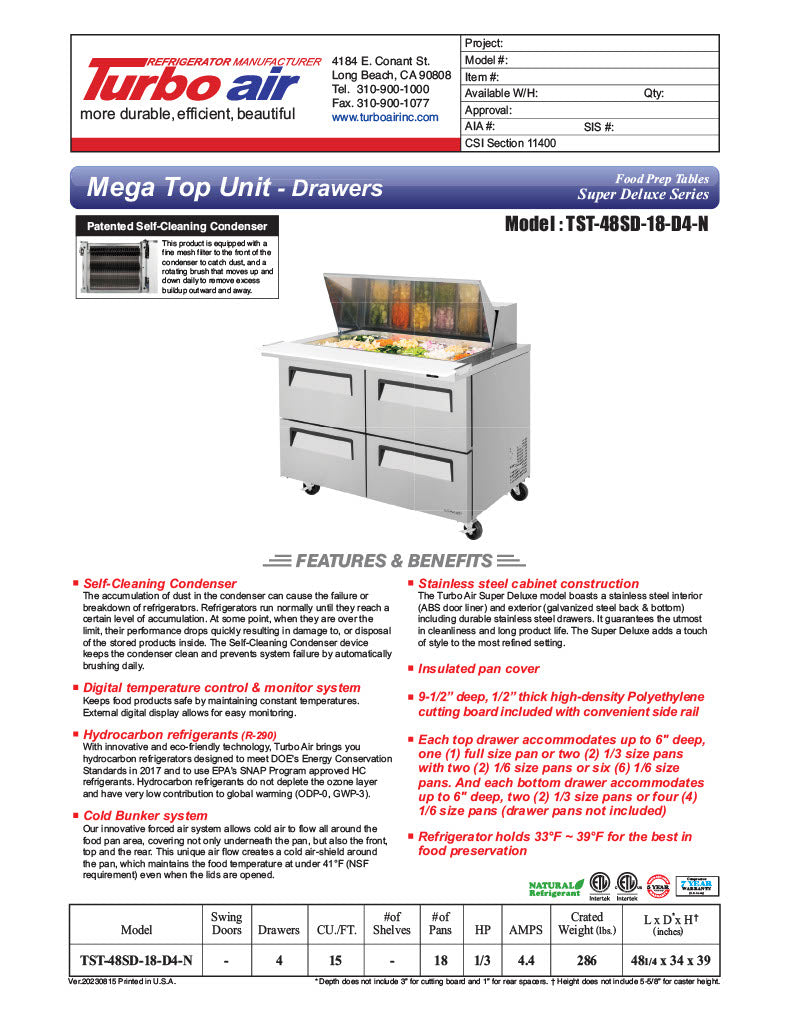 Turbo Air Super Deluxe TST-48SD-18-D4-N 4 Drawer Mega Top Refrigerated Sandwich Prep Table - Donut-Equipment.com