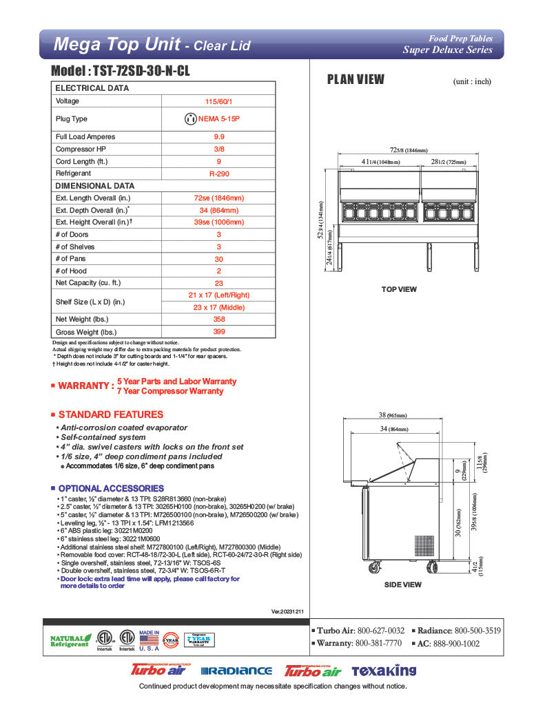 Turbo Air Super Deluxe TST-72SD-30-N-CL 72" 3 Door Mega Top Refrigerated Sandwich Prep Table with Clear Lid - Donut-Equipment.com