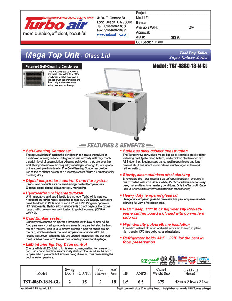 Turbo Air TST-48SD-18-N-GL 48" 2 Door Mega Top Hinged Glass Lid Refrigerated Sandwich Prep Table - Donut-Equipment.com