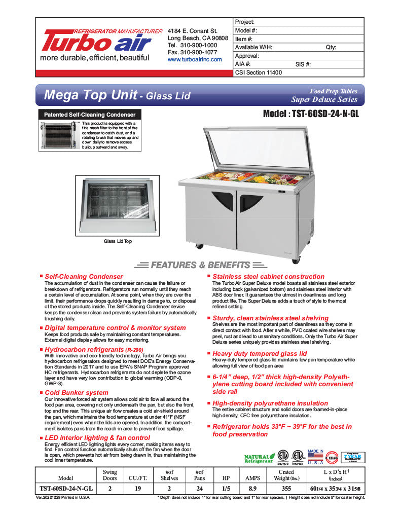Turbo Air TST-60SD-24-N-GL 60" 2 Door Mega Top Hinged Glass Lid Refrigerated Sandwich Prep Table - Donut-Equipment.com