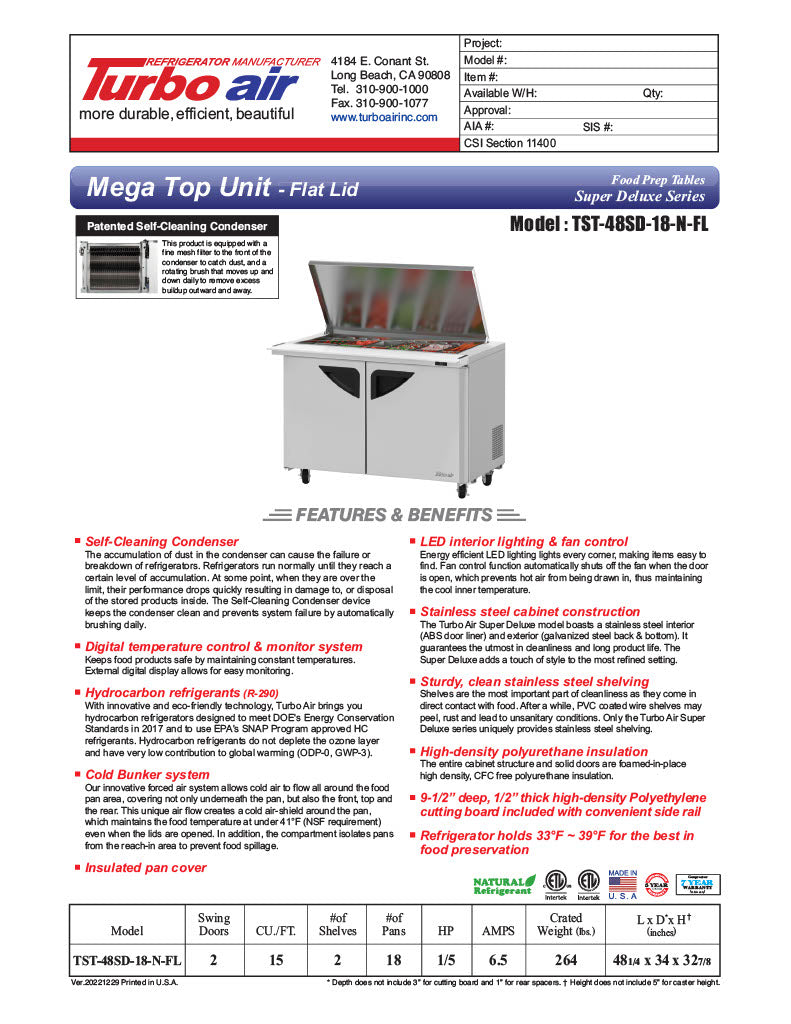 Turbo Air Super Deluxe TST-48SD-18-N-FL 48" 2 Door Refrigerated Mega Top Sandwich Prep Table with Flat Lid - Donut-Equipment.com