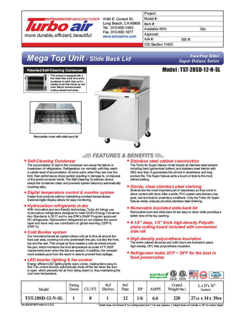 Turbo Air Super Deluxe TST-28SD-12-N-SL 28" 1 Door Mega Top Refrigerated Sandwich Prep Table - Donut-Equipment.com