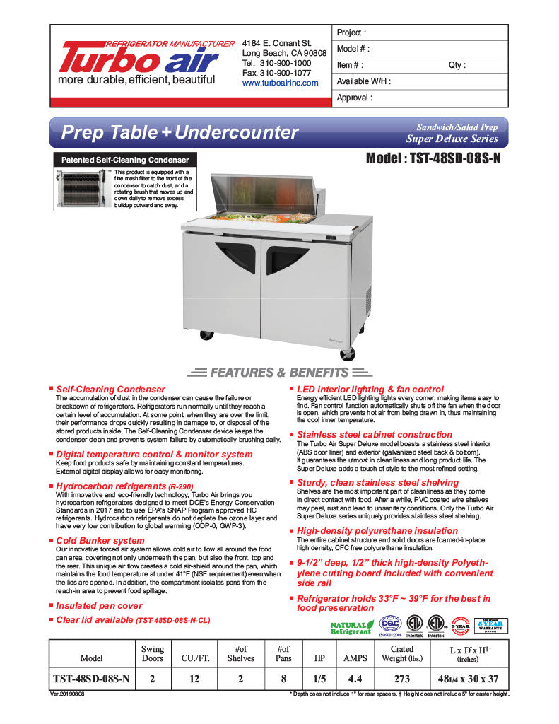 Turbo Air Super Deluxe TST-48SD-08S-N-LW 48" 2 Door Refrigerated Sandwich Prep Table with Left Work Station - Donut-Equipment.com