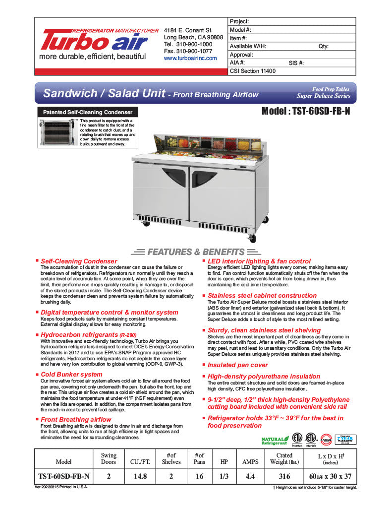 Turbo Air TST-60SD-FB-N 60 1/4" Super Deluxe Sandwich/Salad Prep Table - Donut-Equipment.com