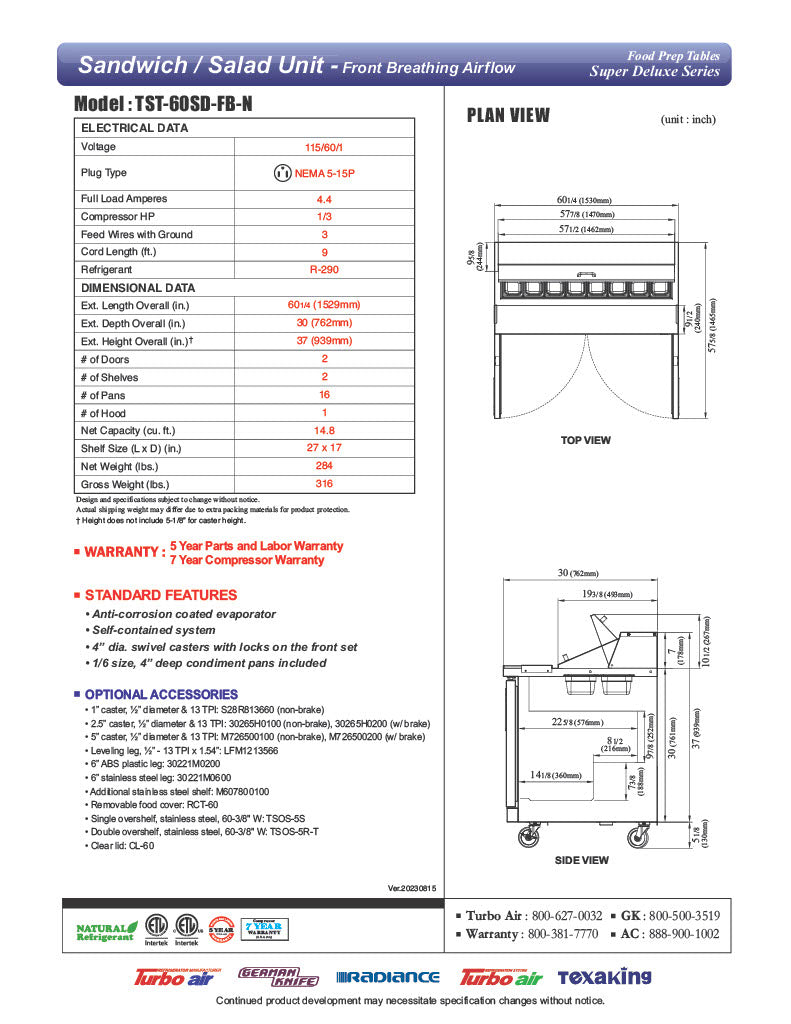 Turbo Air TST-60SD-FB-N 60 1/4" Super Deluxe Sandwich/Salad Prep Table - Donut-Equipment.com