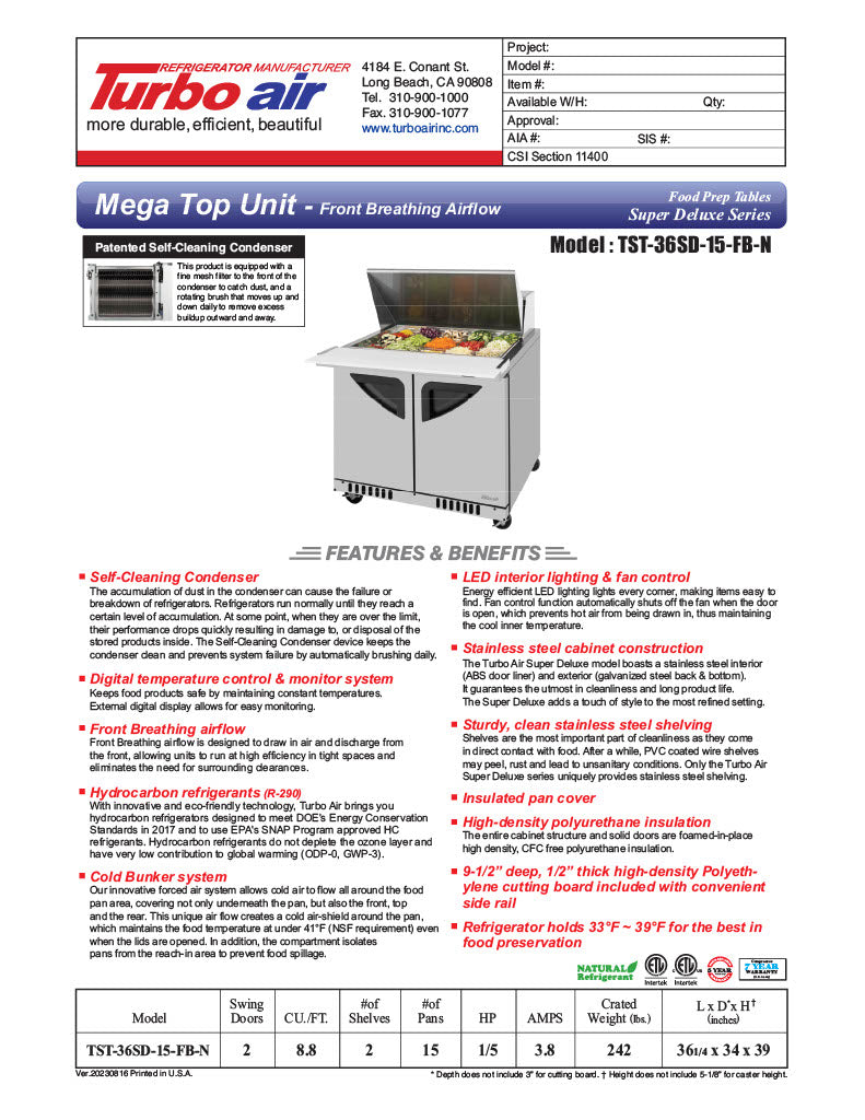Turbo Air TST-36SD-15-FB-N 36-1/4"  Super Deluxe Mega Top Sandwich/Salad Prep Table - Donut-Equipment.com