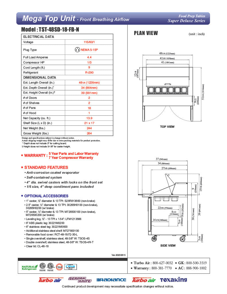 Turbo Air TST-48SD-18-FB-N 48 1/4" Super Deluxe Mega Top Sandwich/Salad Prep Table - Donut-Equipment.com