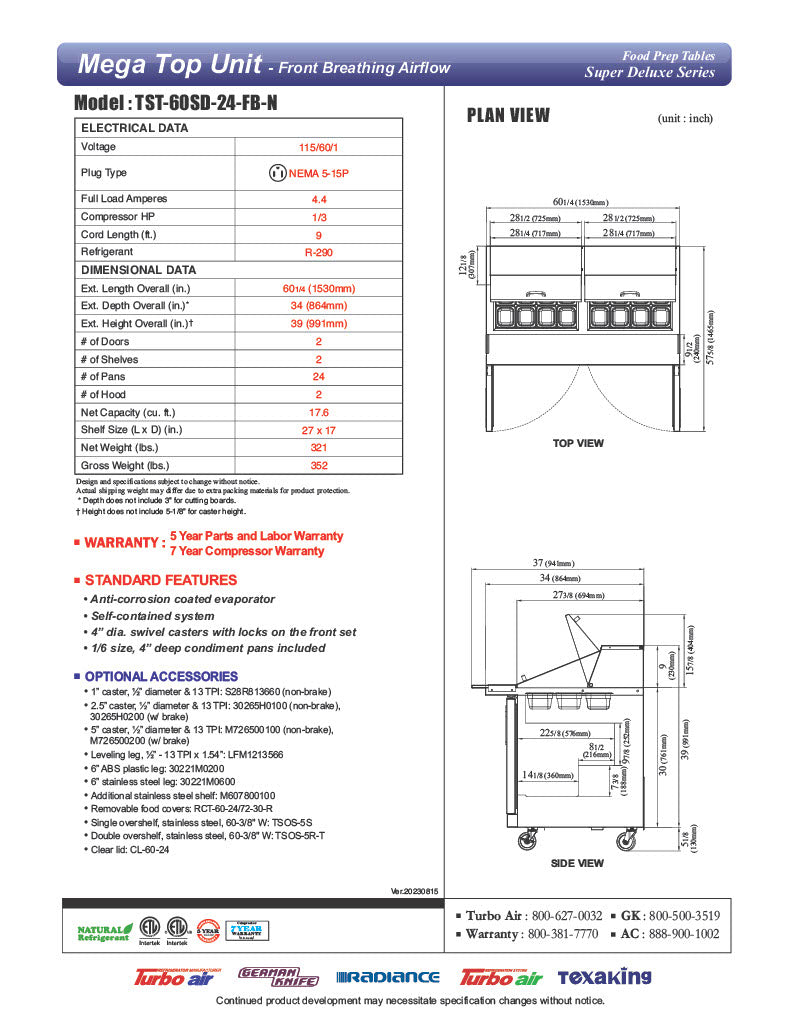 Turbo Air TST-60SD-24-FB-N 60 1/4" Super Deluxe Mega Top Sandwich/Salad Prep Table - Donut-Equipment.com