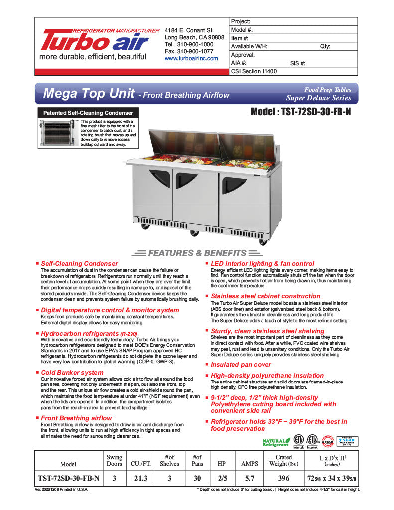 Turbo Air TST-72SD-30-FB-N 72 5/8" Super Deluxe Mega Top Sandwich/Salad Prep Table - Donut-Equipment.com