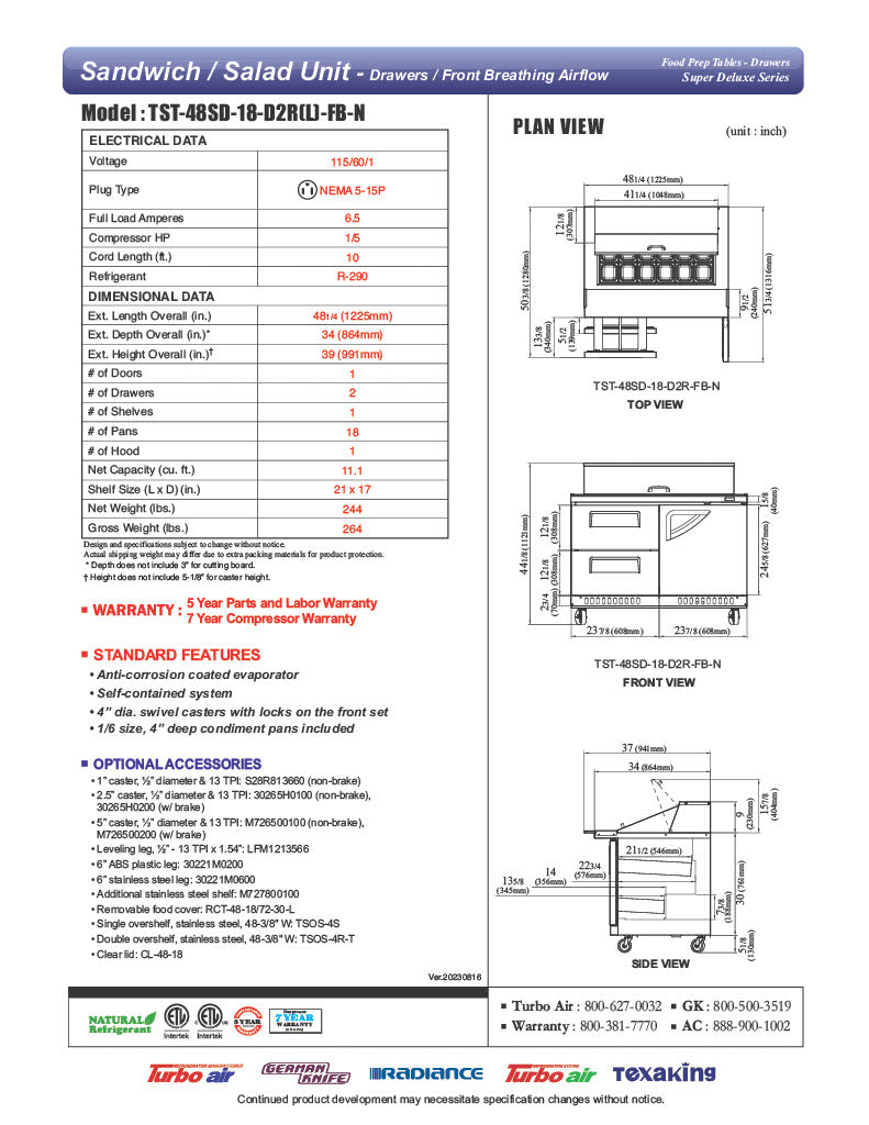 Turbo Air TST-48SD-18-D2R(L)-FB-N 48" Mega Top Sandwich Prep Table w/ 2 Drawers & 1 Door - Donut-Equipment.com