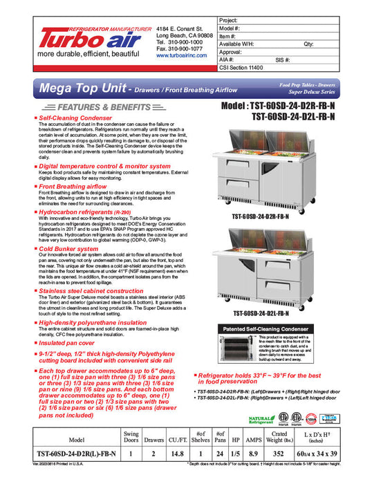 Turbo Air TST-60SD-24-D2R(L)-FB-N 60" Mega Top Sandwich Prep Table w/ 2 Drawers & 1 Door - Donut-Equipment.com