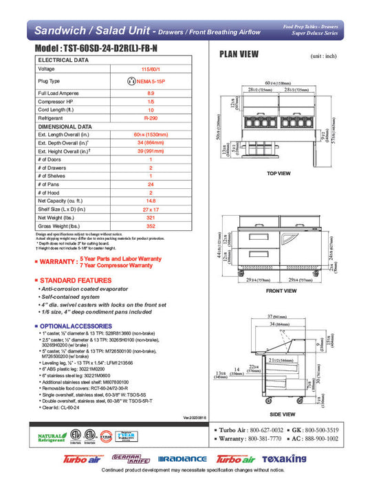 Turbo Air TST-60SD-24-D2R(L)-FB-N 60" Mega Top Sandwich Prep Table w/ 2 Drawers & 1 Door - Donut-Equipment.com