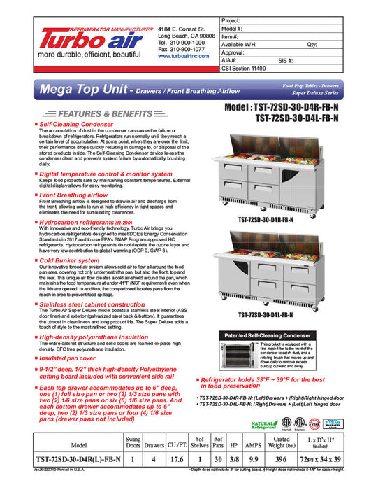 Turbo Air TST-72SD-30-D4R(L)-FB-N Super Deluxe 72" Mega Top Sandwich/Salad Prep Table with Door & Drawers - Donut-Equipment.com