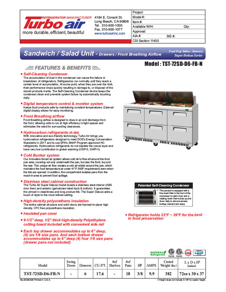 Turbo Air TST-72SD-D6-FB-N Super Deluxe 72" Sandwich/Salad Prep Table with 6 Drawers - Donut-Equipment.com