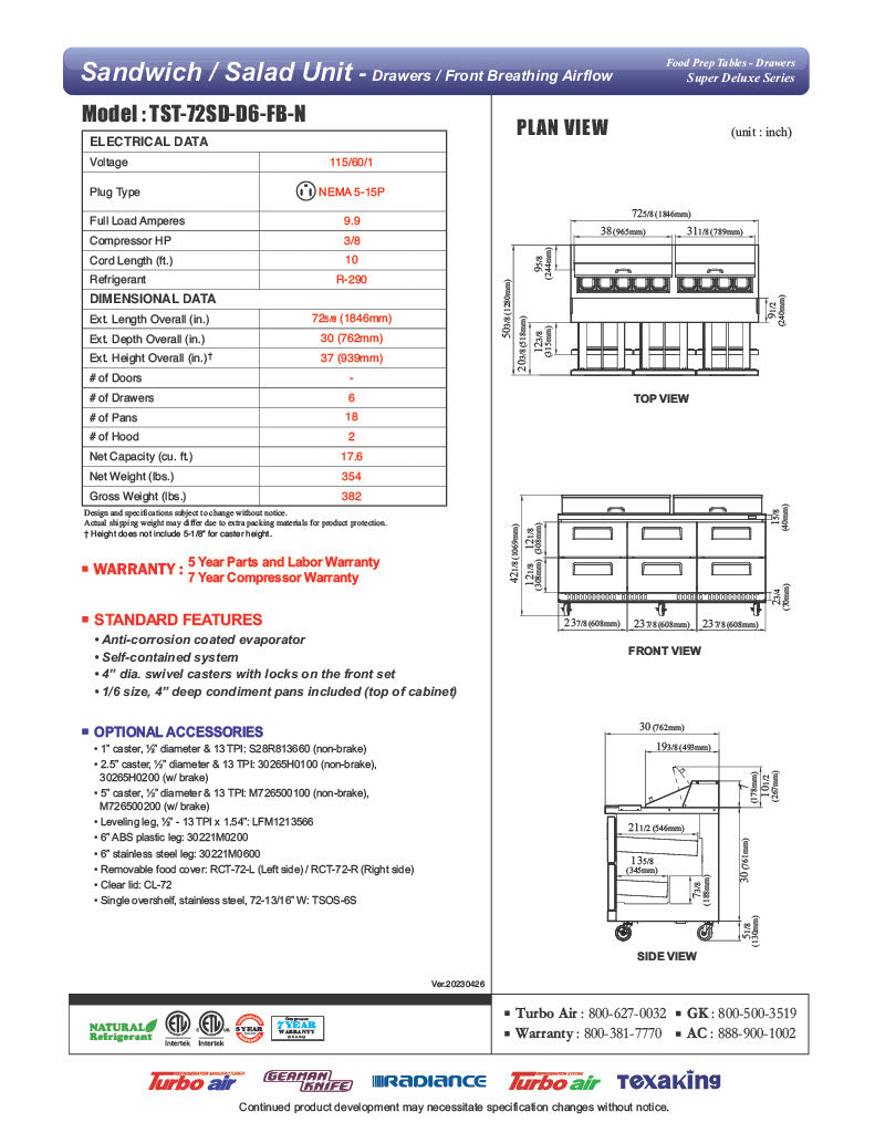 Turbo Air TST-72SD-D6-FB-N Super Deluxe 72" Sandwich/Salad Prep Table with 6 Drawers - Donut-Equipment.com