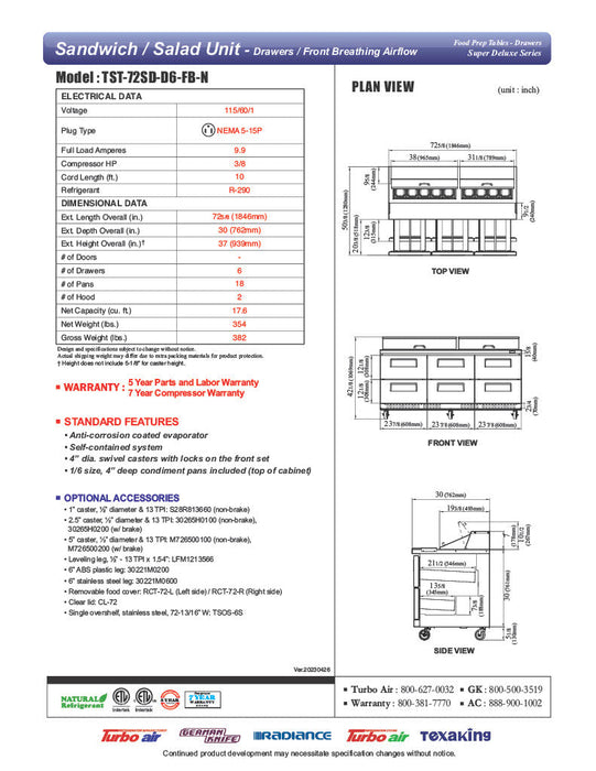 Turbo Air TST-72SD-D6-FB-N Super Deluxe 72" Sandwich/Salad Prep Table with 6 Drawers - Donut-Equipment.com