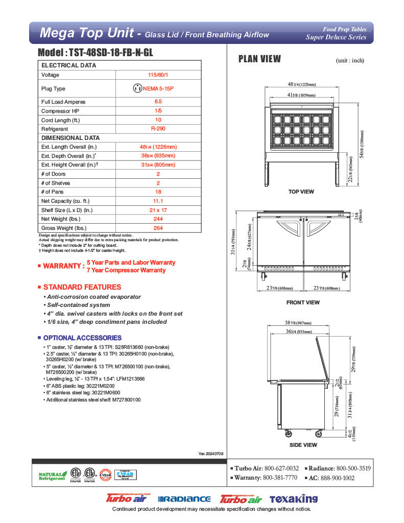 Turbo Air TST-48SD-18-FB-N-GL Super Deluxe 48" Mega Top Sandwich/Salad Prep Table with Glass Lid - Donut-Equipment.com