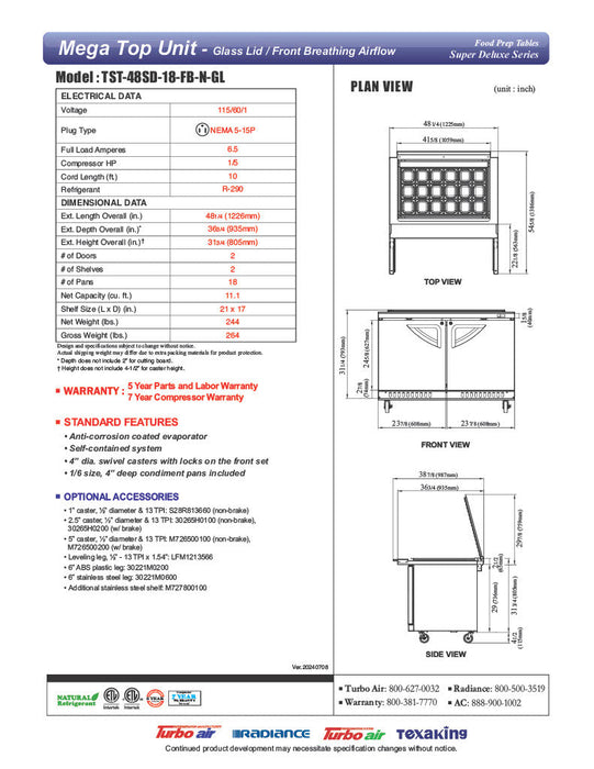 Turbo Air TST-48SD-18-FB-N-GL Super Deluxe 48" Mega Top Sandwich/Salad Prep Table with Glass Lid - Donut-Equipment.com