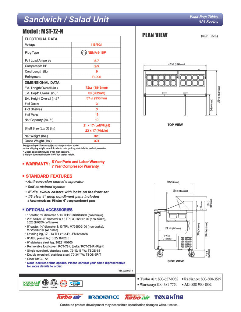 Turbo Air MST-72-N M3 Series 72" 3 Door Stainless Steel Refrigerated Sandwich Prep Table - Donut-Equipment.com