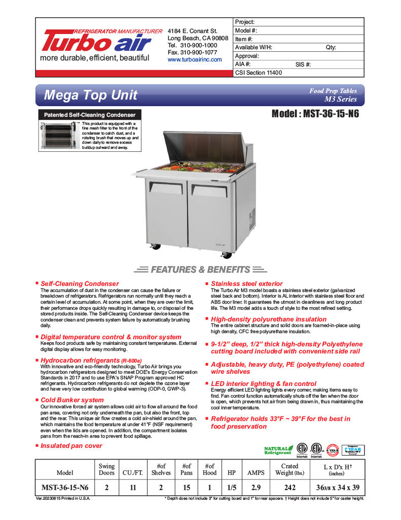 Turbo Air MST-36-15-N6 M3 Series 36" 2 Door Stainless Steel Refrigerated Sandwich Prep Table - Donut-Equipment.com