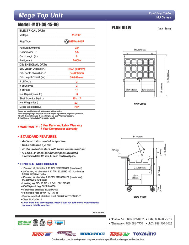 Turbo Air MST-36-15-N6 M3 Series 36" 2 Door Stainless Steel Refrigerated Sandwich Prep Table - Donut-Equipment.com
