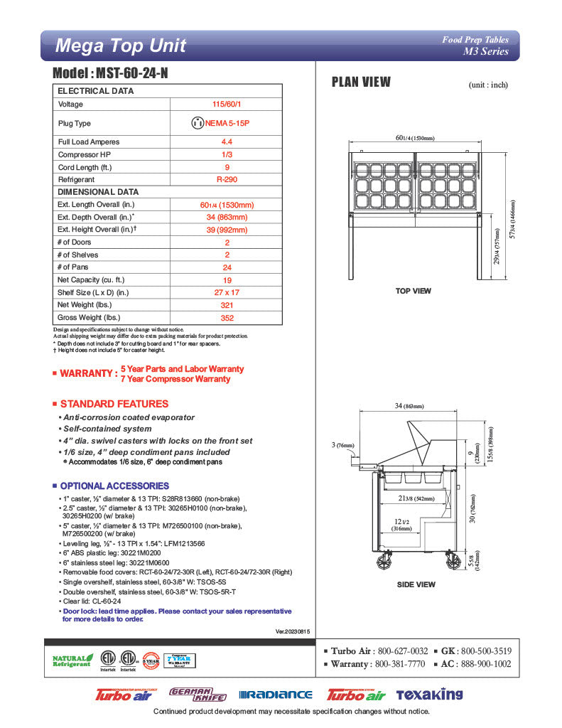 Turbo Air MST-60-24-N M3 Series 60" 2 Door Mega Top Stainless Steel Refrigerated Sandwich Prep Table - Donut-Equipment.com
