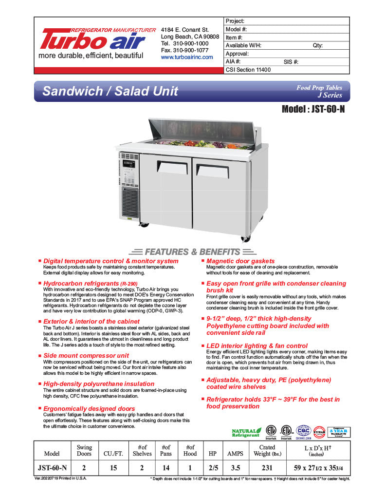Turbo Air JST-60-N 60" 2 Door Side Mount Compressor Refrigerated Sandwich Prep Table - Donut-Equipment.com