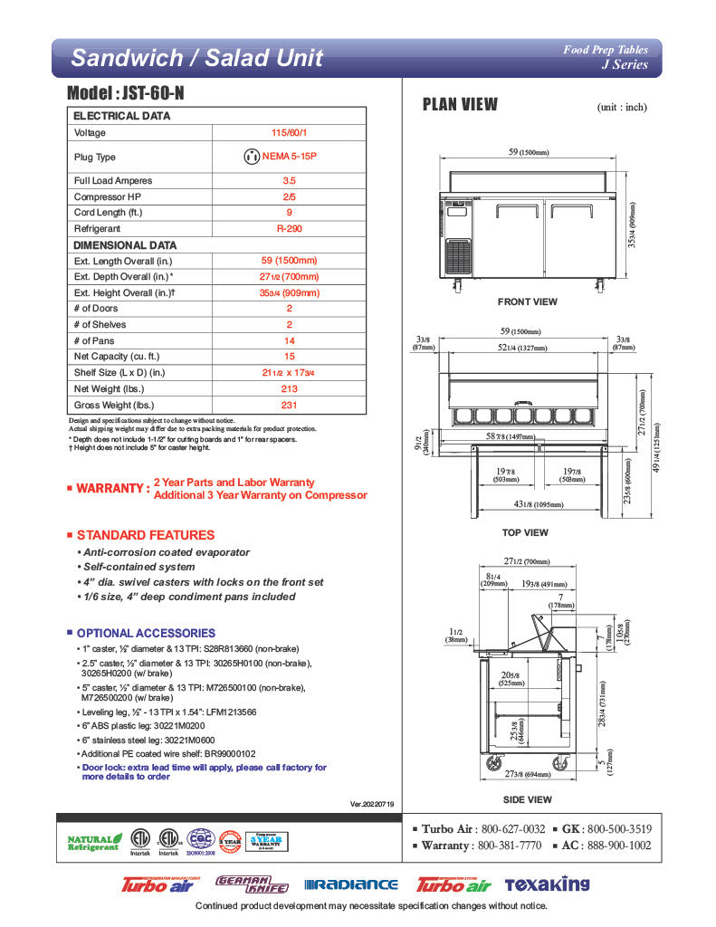 Turbo Air JST-60-N 60" 2 Door Side Mount Compressor Refrigerated Sandwich Prep Table - Donut-Equipment.com