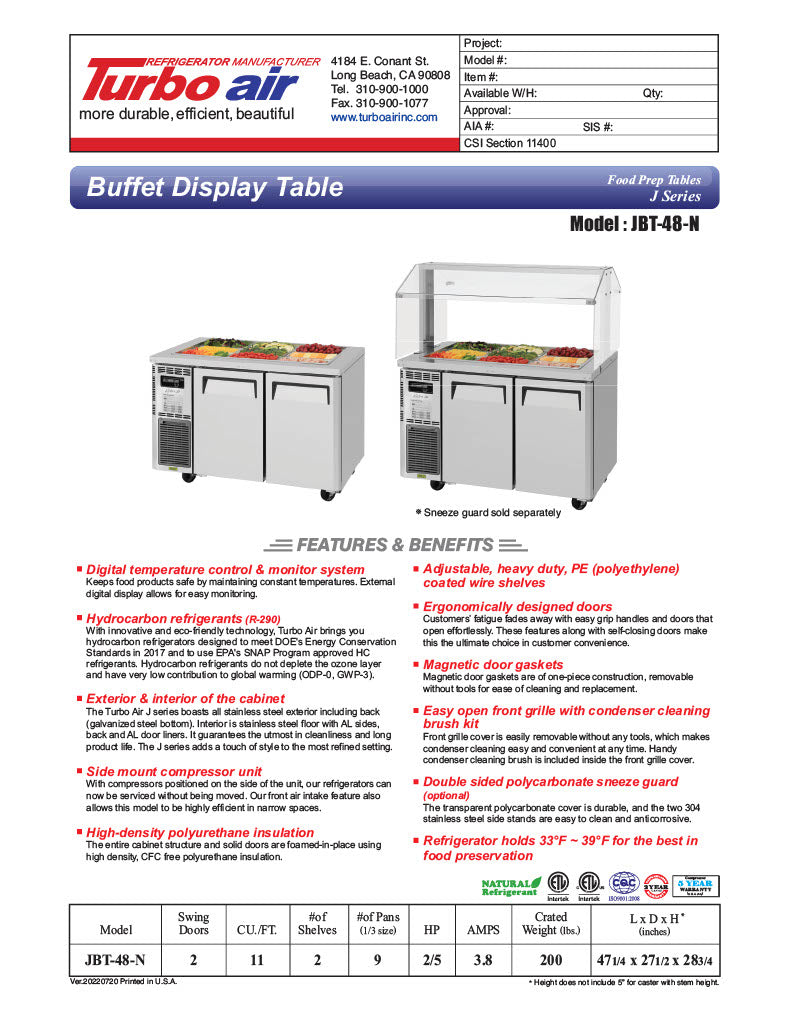Turbo Air JBT-48-N 47" Stainless Steel Refrigerated Buffet Display Table - Donut-Equipment.com
