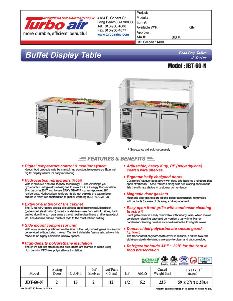 Turbo Air JBT-60-N 59" Stainless Steel Refrigerated Buffet Display Table - Donut-Equipment.com