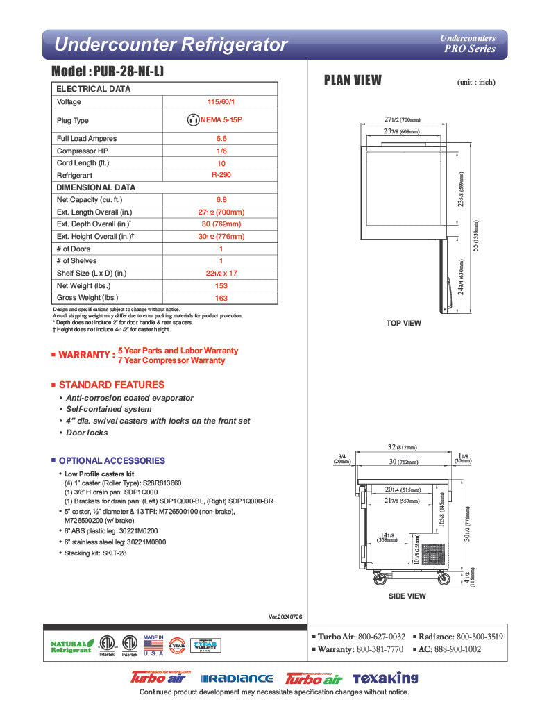 Turbo Air PUR-28-N 27 1/2" W Undercounter Refrigerator w/ 1 Section & 1 Door - Donut-Equipment.com