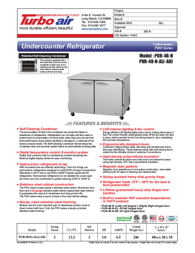 Turbo Air PUR-48-N 48 1/4" W Undercounter Refrigerator w/ 2 Sections & 2 Doors - Donut-Equipment.com