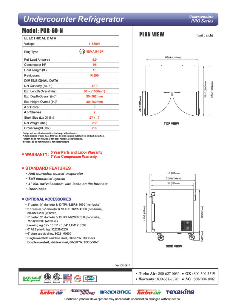 Turbo Air PUR-60-N 60 1/4" W Undercounter Refrigerator w/ 2 Sections & 2 Doors - Donut-Equipment.com