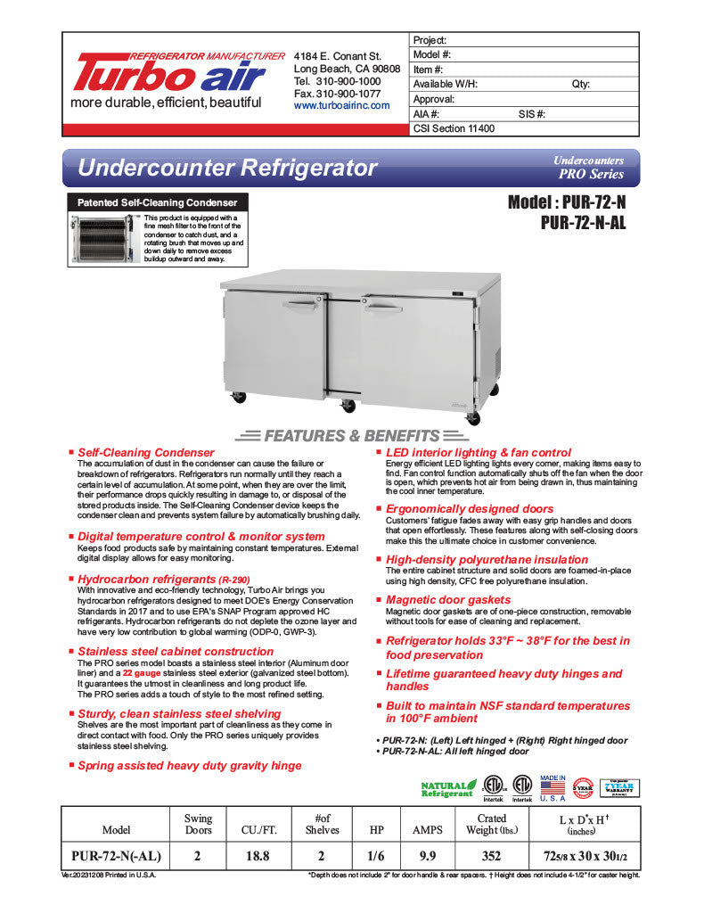 Turbo Air PUR-72-N 72 5/8" W Undercounter Refrigerator w/ 2 Sections & 2 Doors - Donut-Equipment.com